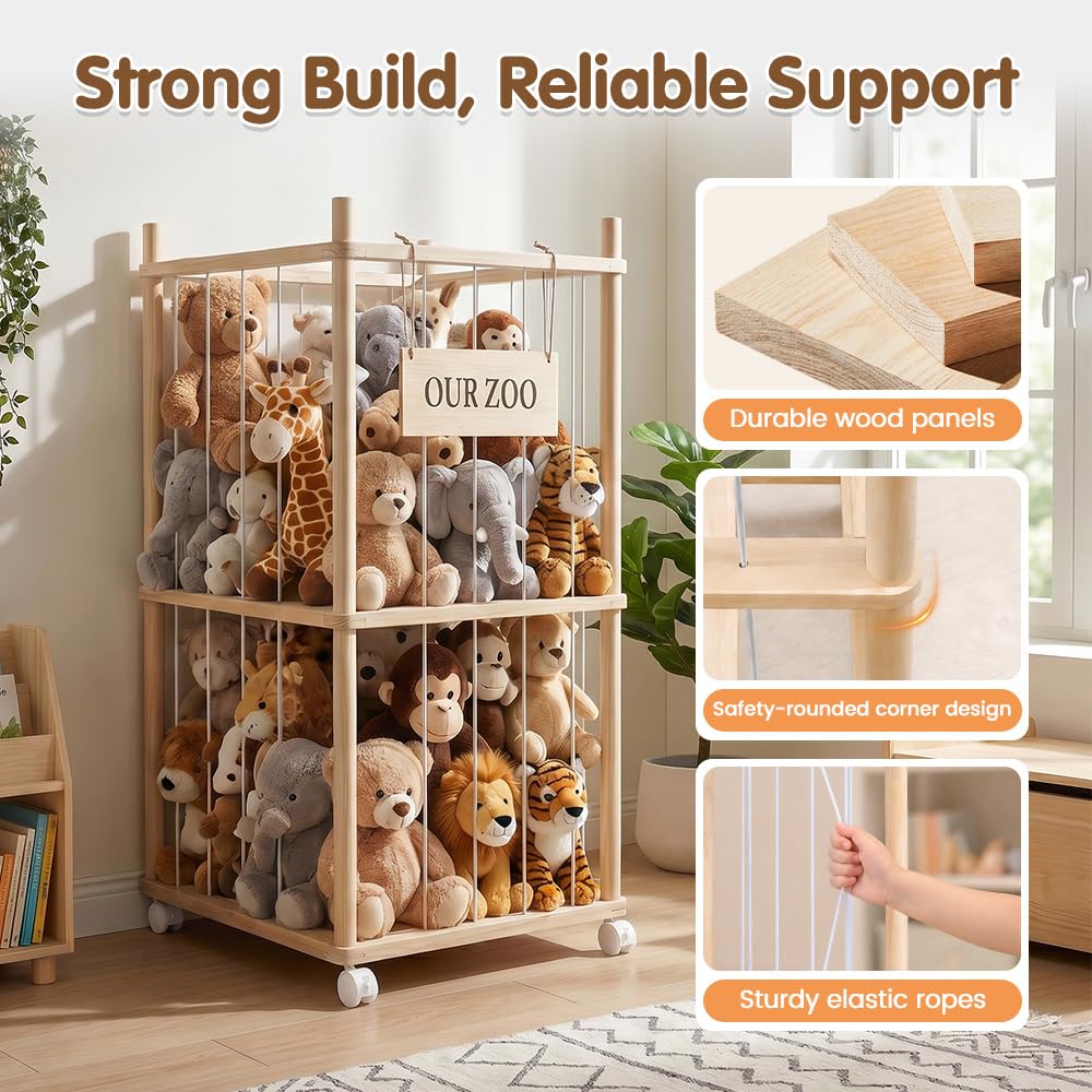 Soft Toy Storage Tower 2-Tier with Wheels - Natural Wood 94.5cm - Holds 30+ Plush Toys, Rolls Away