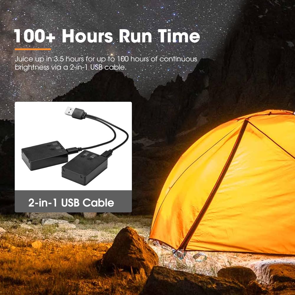 Rechargeable LED Camping Lights 2 Pack - Amber and White - IP66, 100 Hour Run Time, Magnetic Base, SOS Strobe, USB-C