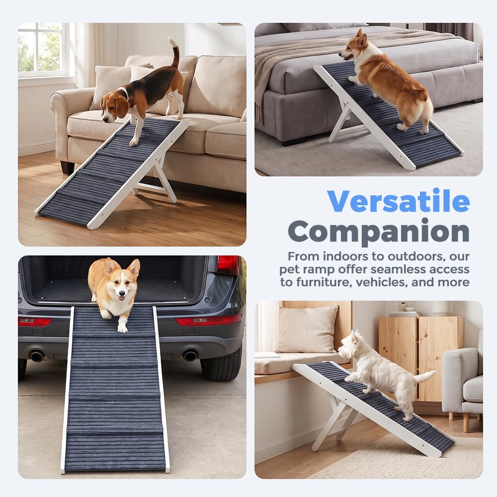 Adjustable Dog Ramp for Bed - White, 90cm Long - Three Heights 33, 39 and 45cm, Holds 60kg, Non Slip Carpet