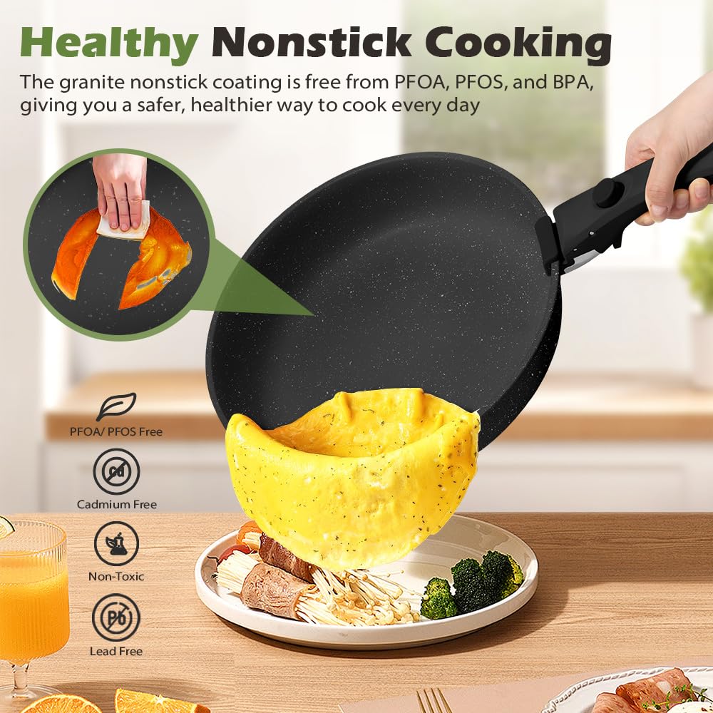 Detachable Handle Cookware Set 20 Piece - Black - Nonstick Granite Coating, PFOA and PFOS Free, Induction Ready