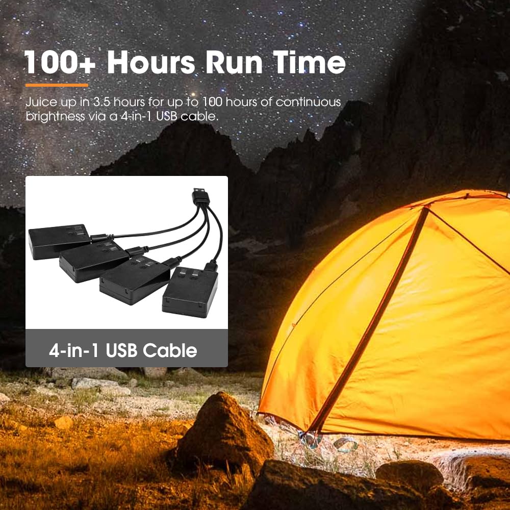 Rechargeable LED Camping Lights 4 Pack - Amber and White - IP66, 100 Hour Run Time, Magnetic Base, SOS Strobe, USB-C