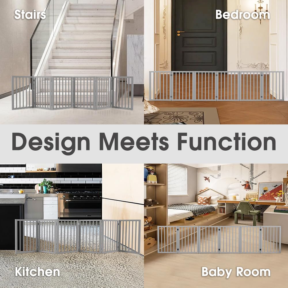 Foldable Dog Gate 6 Panel - Grey, 282 x 61cm - No Drill Freestanding, 180 Degree Hinges, Wooden Panels