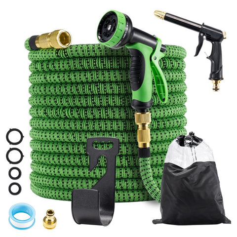 Expandable Garden Hose 100FT - Green - Stretches to 3x Length, 10 Function Nozzle plus Mist Nozzle, 1/2 and 3/4 BSP