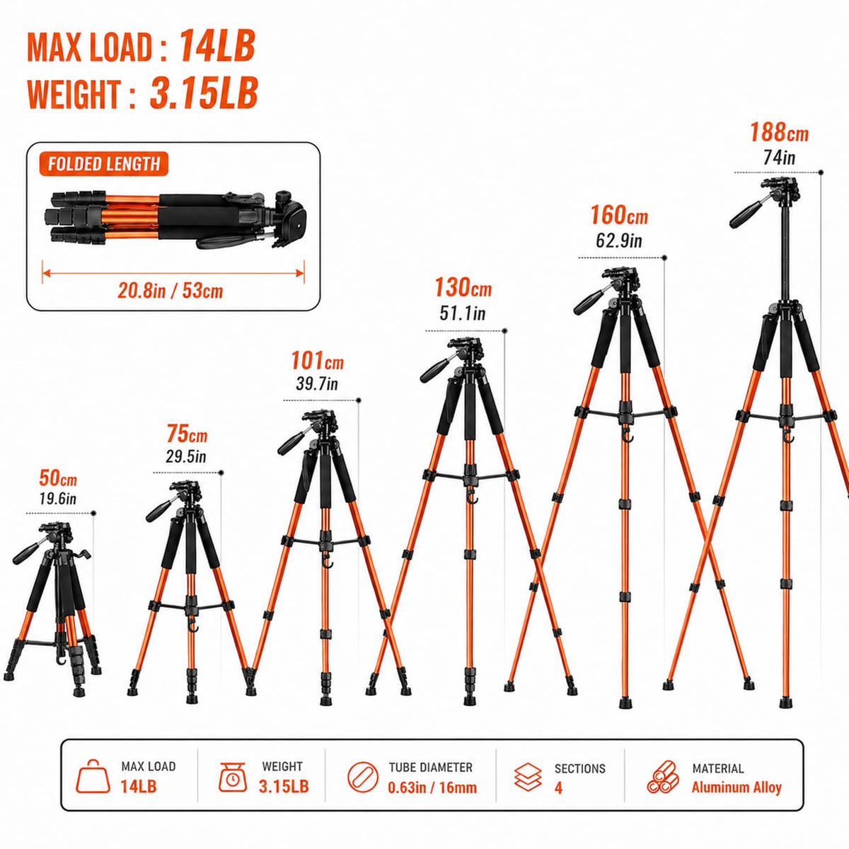 Aluminium Camera Tripod 188cm - Dual Mount, Orange