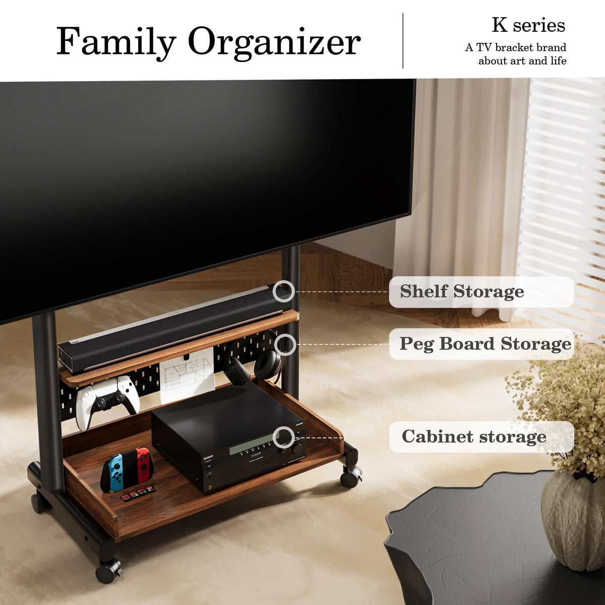 Corner TV Stand on Wheels for 40-85 Inch TVs - Black - Peg Board and Wooden Shelf Storage, Height Adjustable Mount