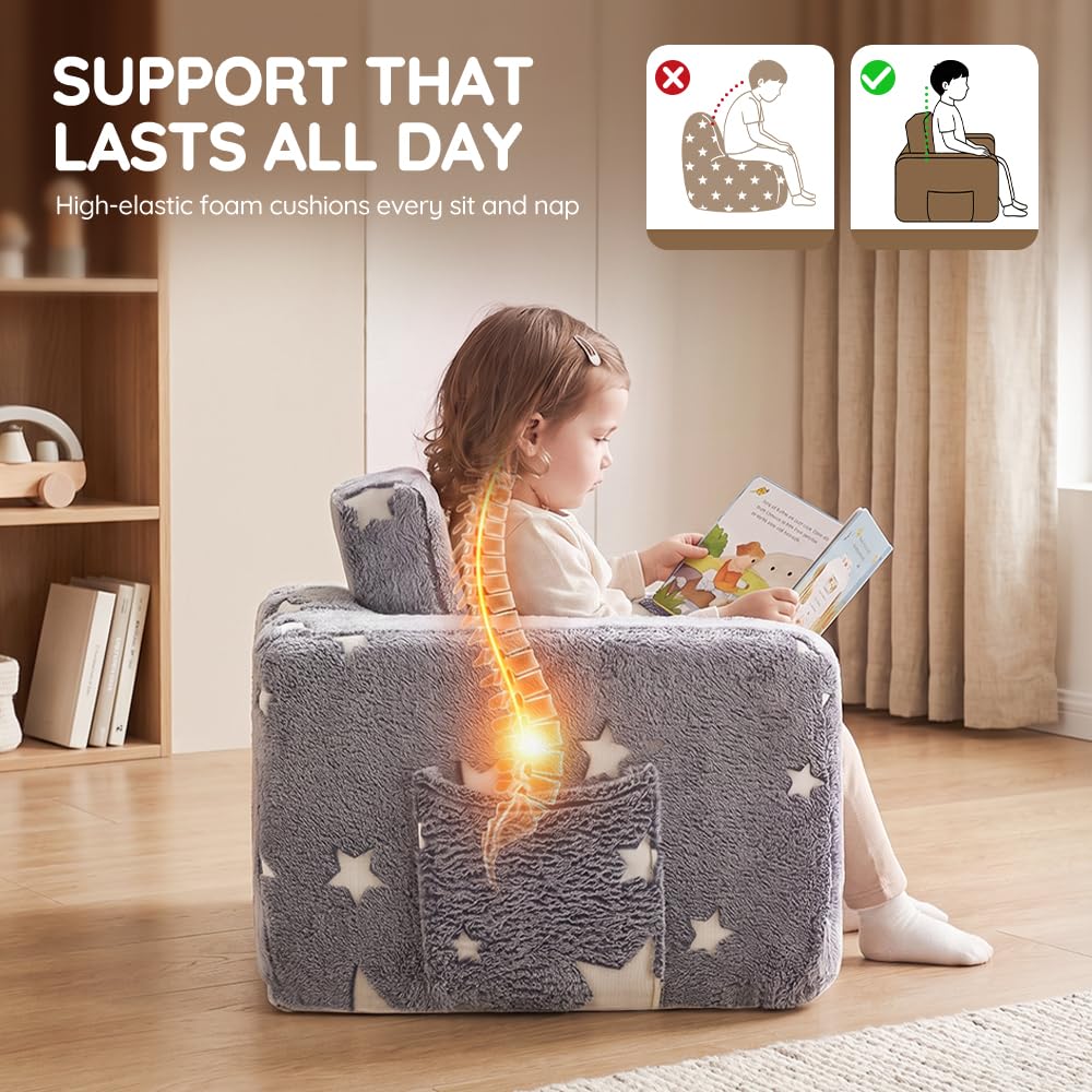 Kids Fold-Out Sofa Bed 2-in-1 - Grey Star Print - Glow-in-the-Dark, Zip-Off Washable Cover