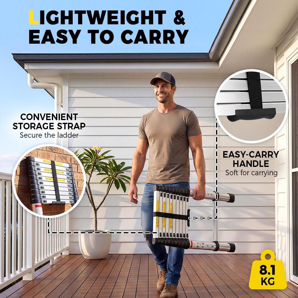 Telescopic Aluminium Ladder 3.2m - Silver - 150kg Capacity, Auto Lock Sections, Collapses for Storage, Carry Bag