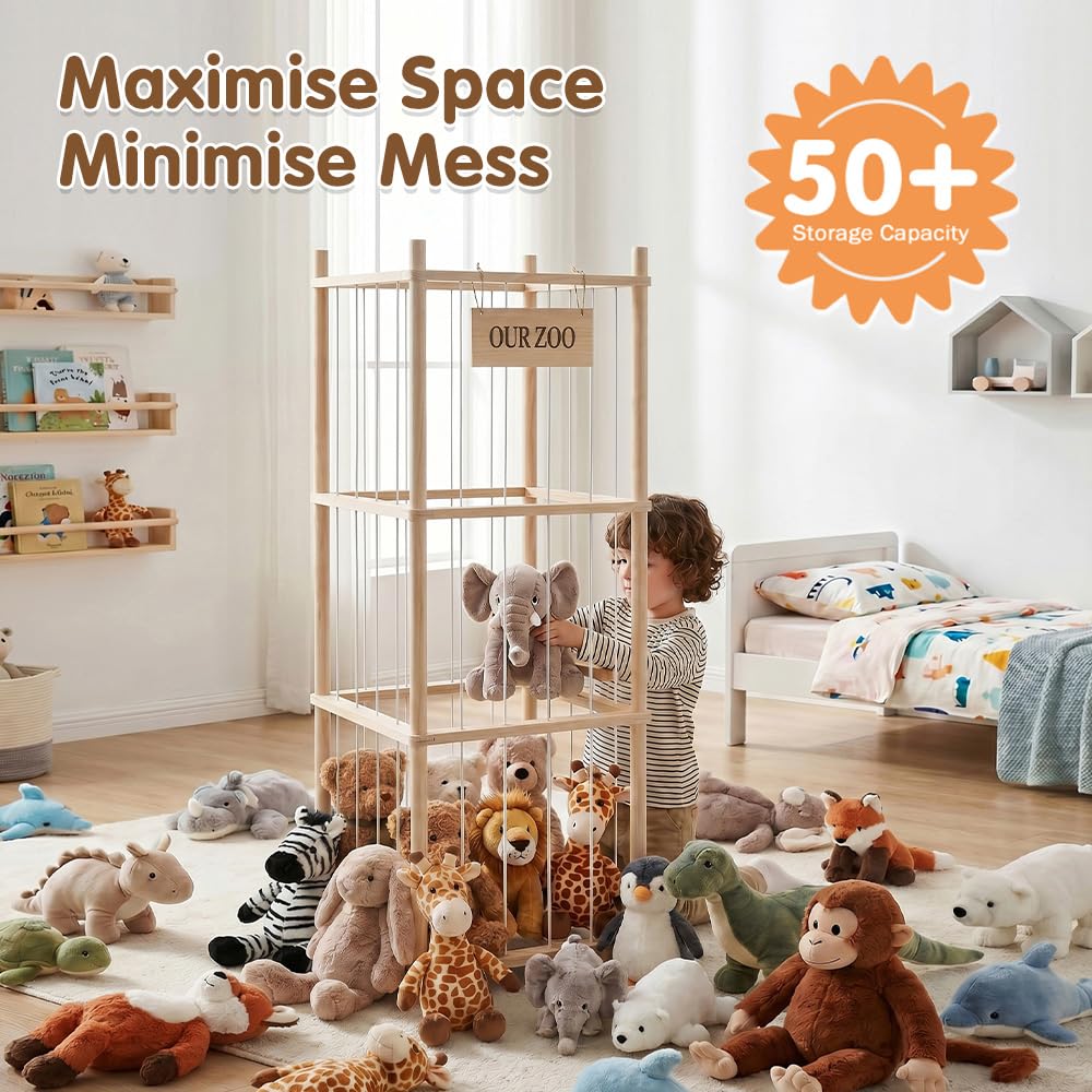 Soft Toy Storage Tower 3-Tier with Wheels - Natural Wood 136cm - Holds 50+ Plush Toys, Rolls Away