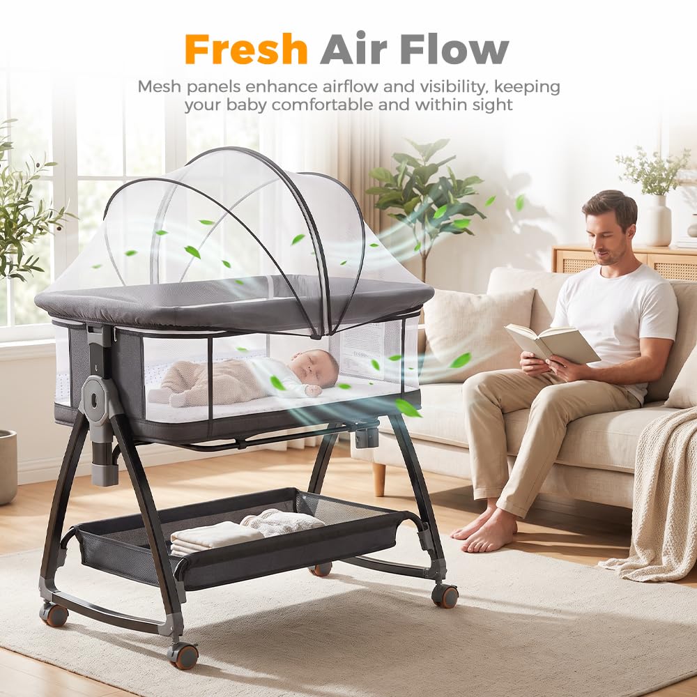 3-in-1 Baby Bassinet and Bedside Sleeper - Black - 6 Height Levels, Rocking Cradle, Mattress Included