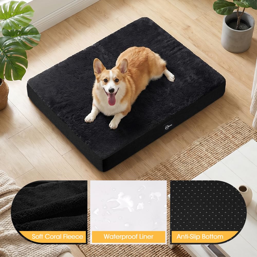 Orthopedic Dog Bed with Waterproof Lining - Black, Medium 71 x 58 x 8cm - Memory Foam, Coral Fleece, Washable Cover
