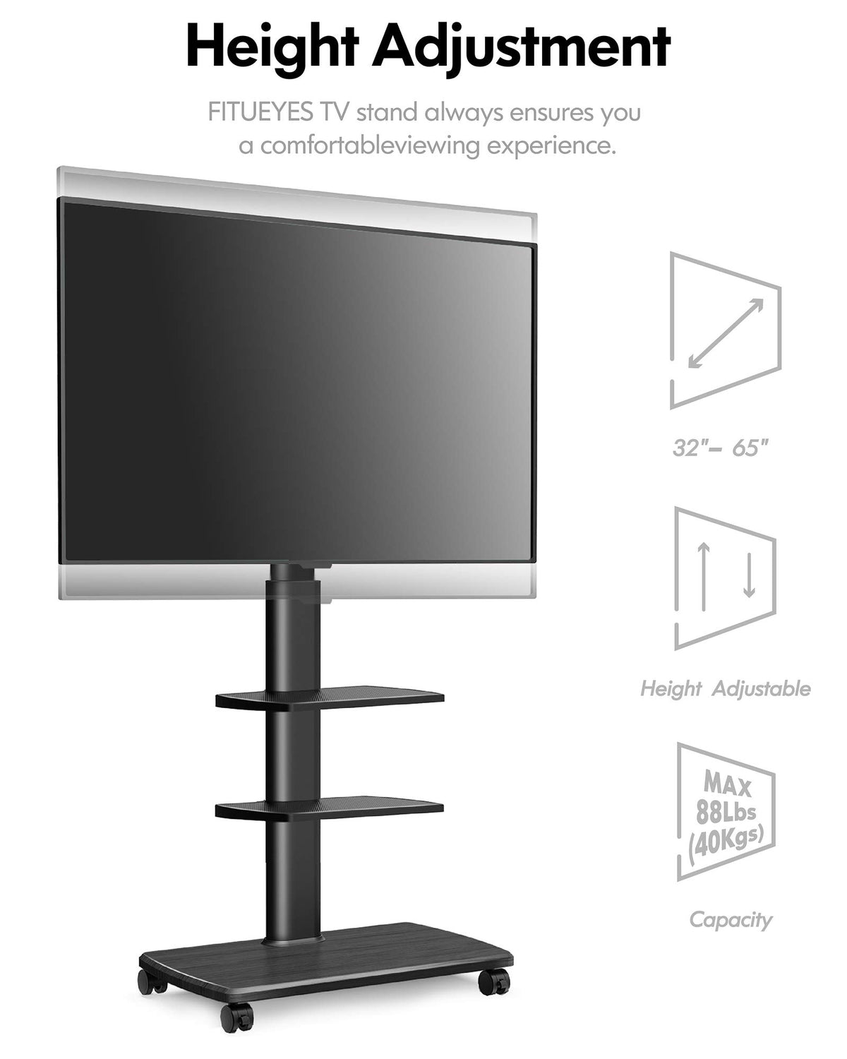 Mobile TV Stand on Wheels for 32-70 Inch TVs - Black - 3 Shelf Rolling Cart, Height Adjustable, Swivel, Holds 40kg