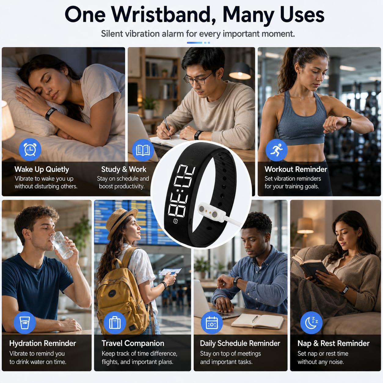 Silent Vibrating Alarm Wristband IP65 - Blue