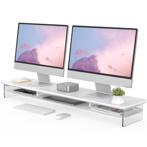 Acrylic Dual Monitor Riser 42.5 Inch - White - 2 Tier Desk Shelf, 18mm Board with Steel Core