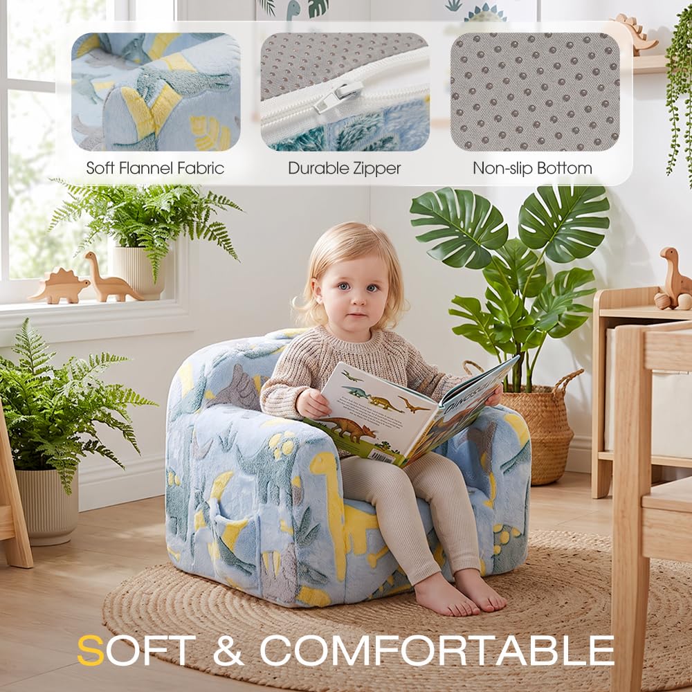 Kids Foam Sofa Chair - Blue Dinosaur Print - Carry Handle, Zip-Off Washable Cover, 62.5cm Wide
