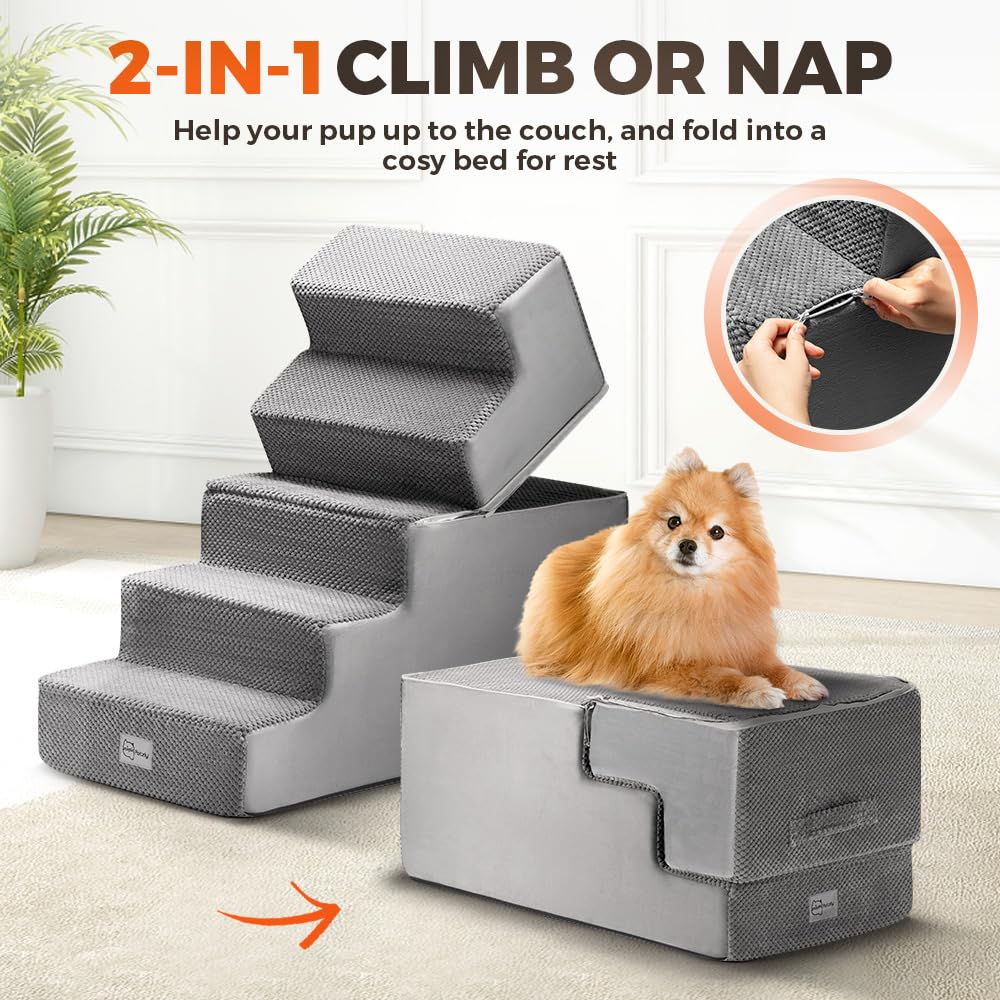 5 Step Dog Stairs 56cm High - Grey - High Density Foam with 5 Support Boards, Non Slip Corduroy Cover