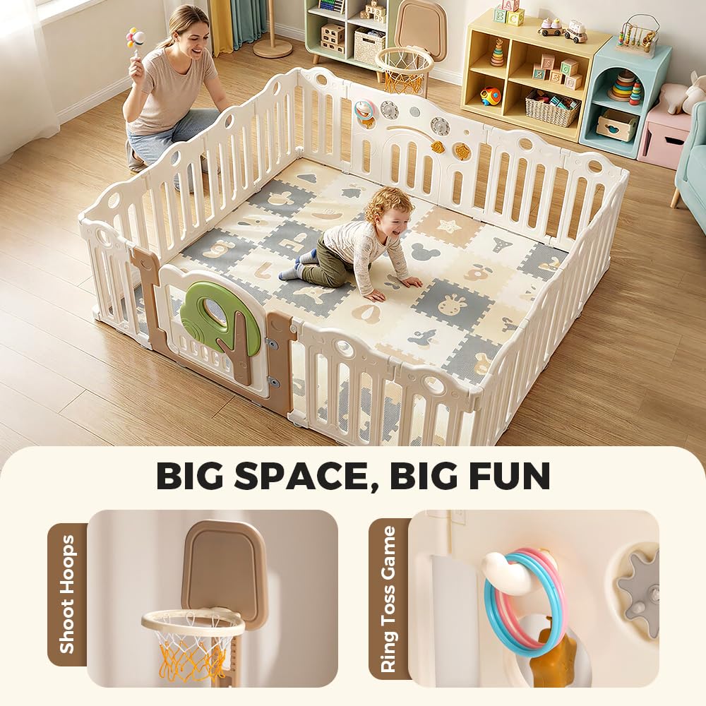 Baby Playpen 16 Panels - 185 x 162cm - Foldable HDPE, Activity Game Panel, EN71 Certified