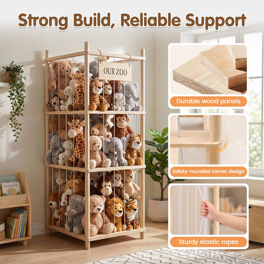 Soft Toy Storage Tower 3-Tier - Natural Wood 136cm - Holds 50+ Plush Toys, Elastic Bar Shelves