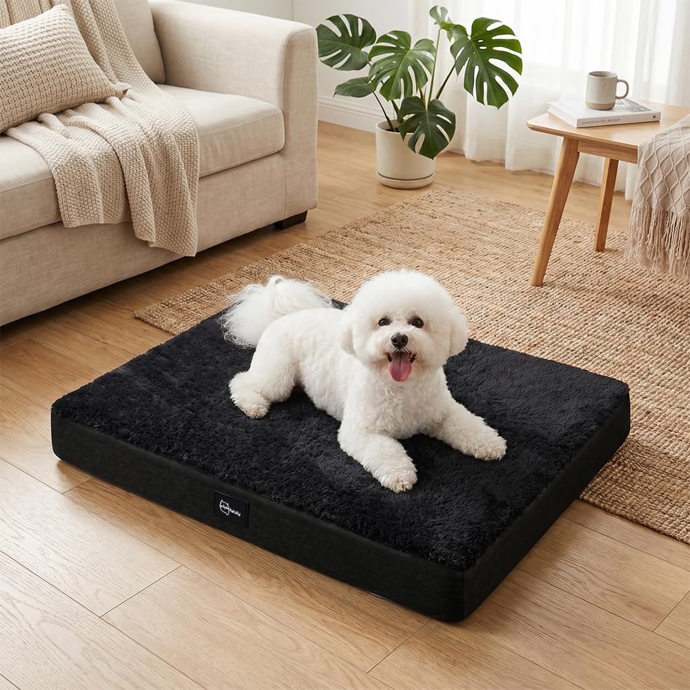Orthopedic Dog Bed with Waterproof Lining - Black, Medium 71 x 58 x 8cm - Memory Foam, Coral Fleece, Washable Cover