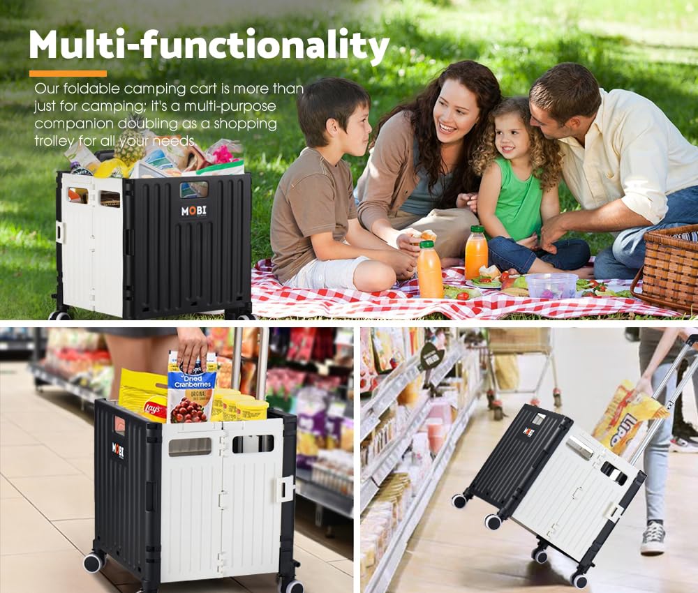 Foldable Camping and Shopping Trolley Cart - Black and White - 70kg Capacity, 360 Degree Locking Wheels, Canopy