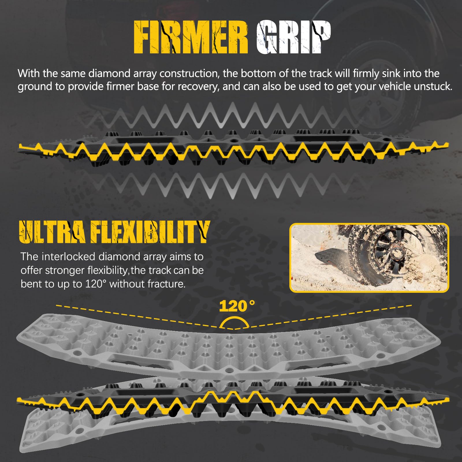 Recovery Traction Boards Pair - 92 x 31.5 x 7.5cm - 10 Tonne Rating, Double Sided Diamond Tread, Bends 120 Degrees
