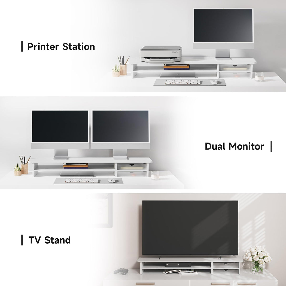 Dual Monitor Riser with Drawers 42.5 Inch - White - 2 Tier Desktop Organiser, 15mm Wood Panel, Holds 45kg