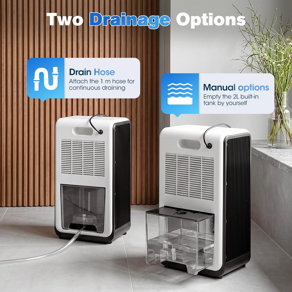 Portable Dehumidifier 2L Tank - White - Removes 500-1000ml a Day, Covers 50sqm, 24 Hour Timer, Auto Shut Off
