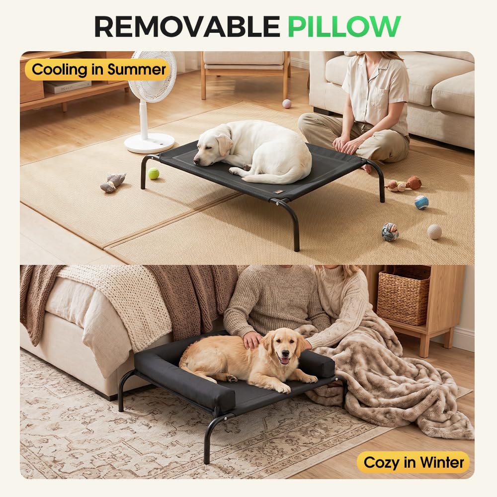 Cooling Elevated Dog Bed with Bolster - Black, XL 123 x 90 x 20cm - Textilene Mesh, Steel Frame, Holds 60kg