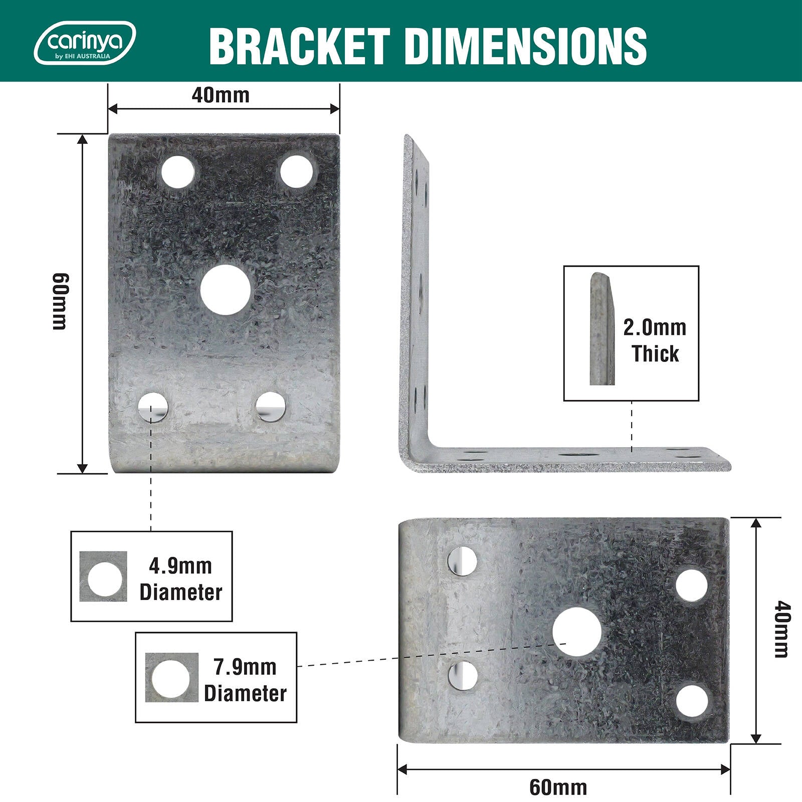 Carinya 60 x 60 x 40 x 2mm Galvanised Steel Reinforcing Angle Bracket - 8 Pack