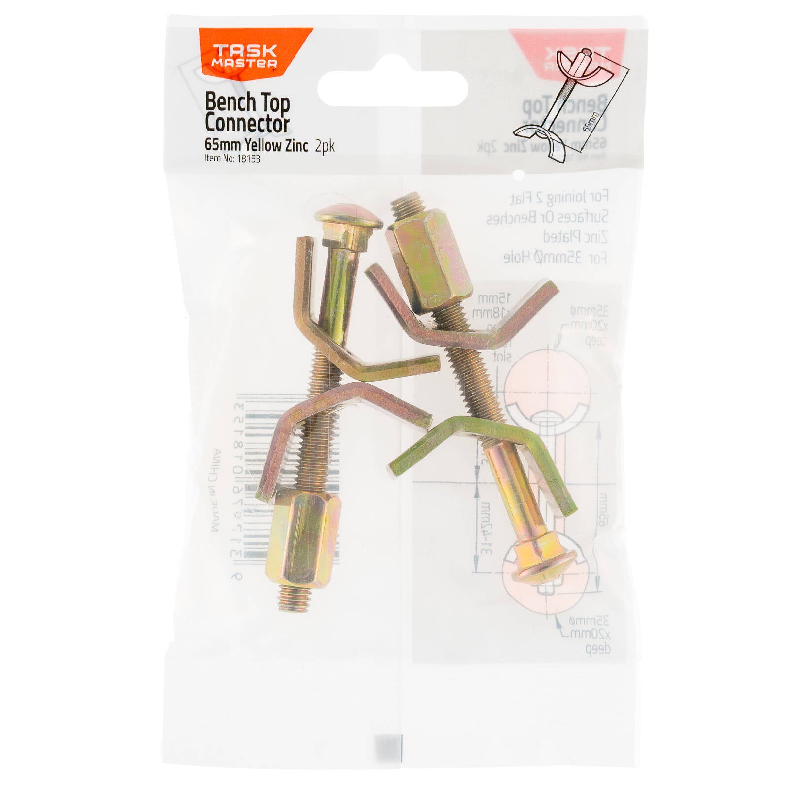 Taskmaster 65mm Yellow Zinc Bench Top Connector - 2 Pack