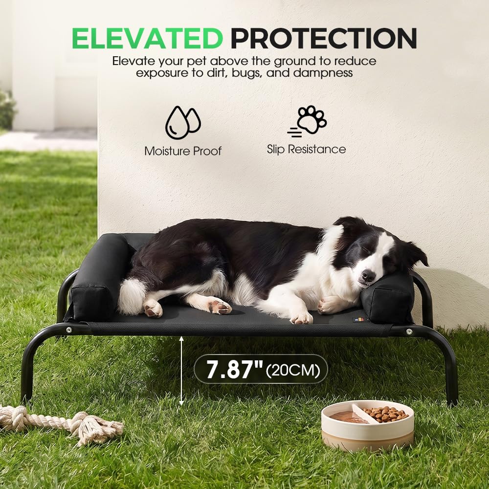 Cooling Elevated Dog Bed with Bolster - Black, Large 107 x 80 x 20cm - Textilene Mesh, Steel Frame, Holds 60kg
