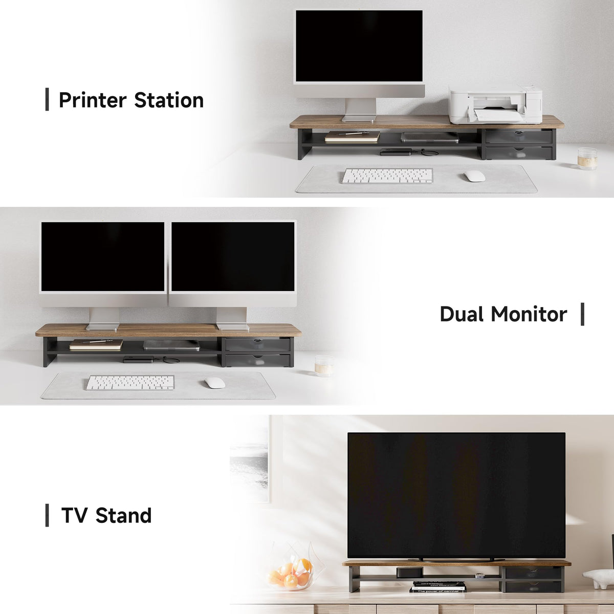 Dual Monitor Riser with Drawers 42.5 Inch - Brown - 2 Tier Desktop Organiser, 15mm Wood Panel, Holds 45kg