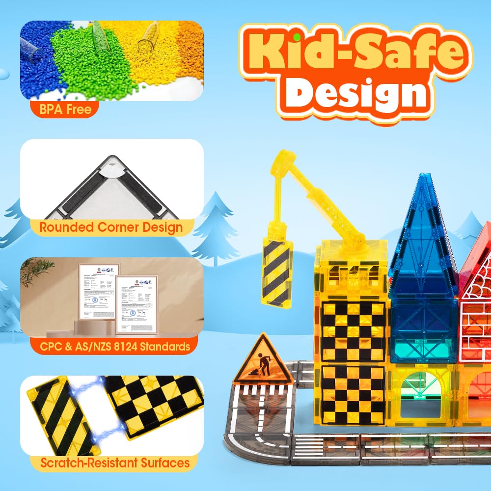 Magnetic Tiles Road Set 40 Piece - Extendable Crane - STEM Building Blocks, Storage Bag, Age 3+