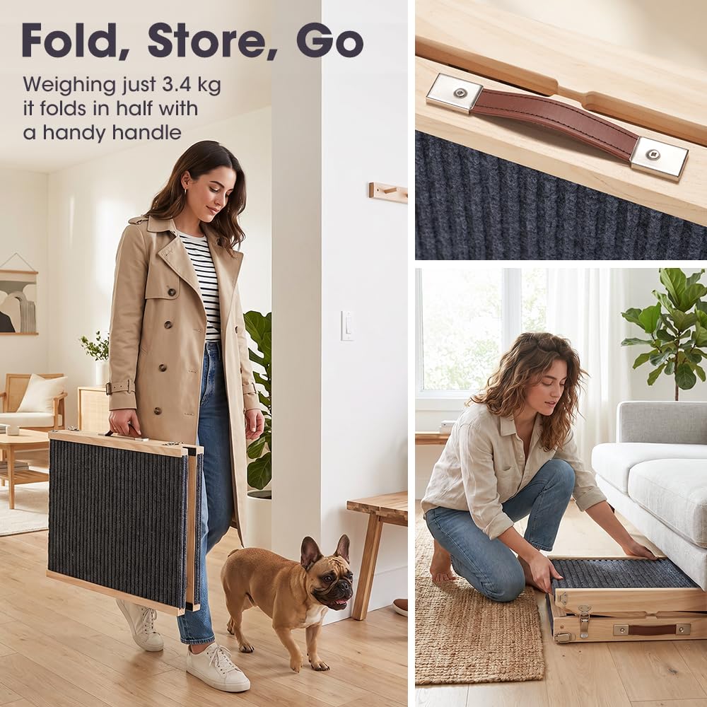 Folding Wooden Dog Ramp - Pine, Adjusts 22 to 45.5cm - Self Supporting, Anti Slip Fabric, Folds in Half