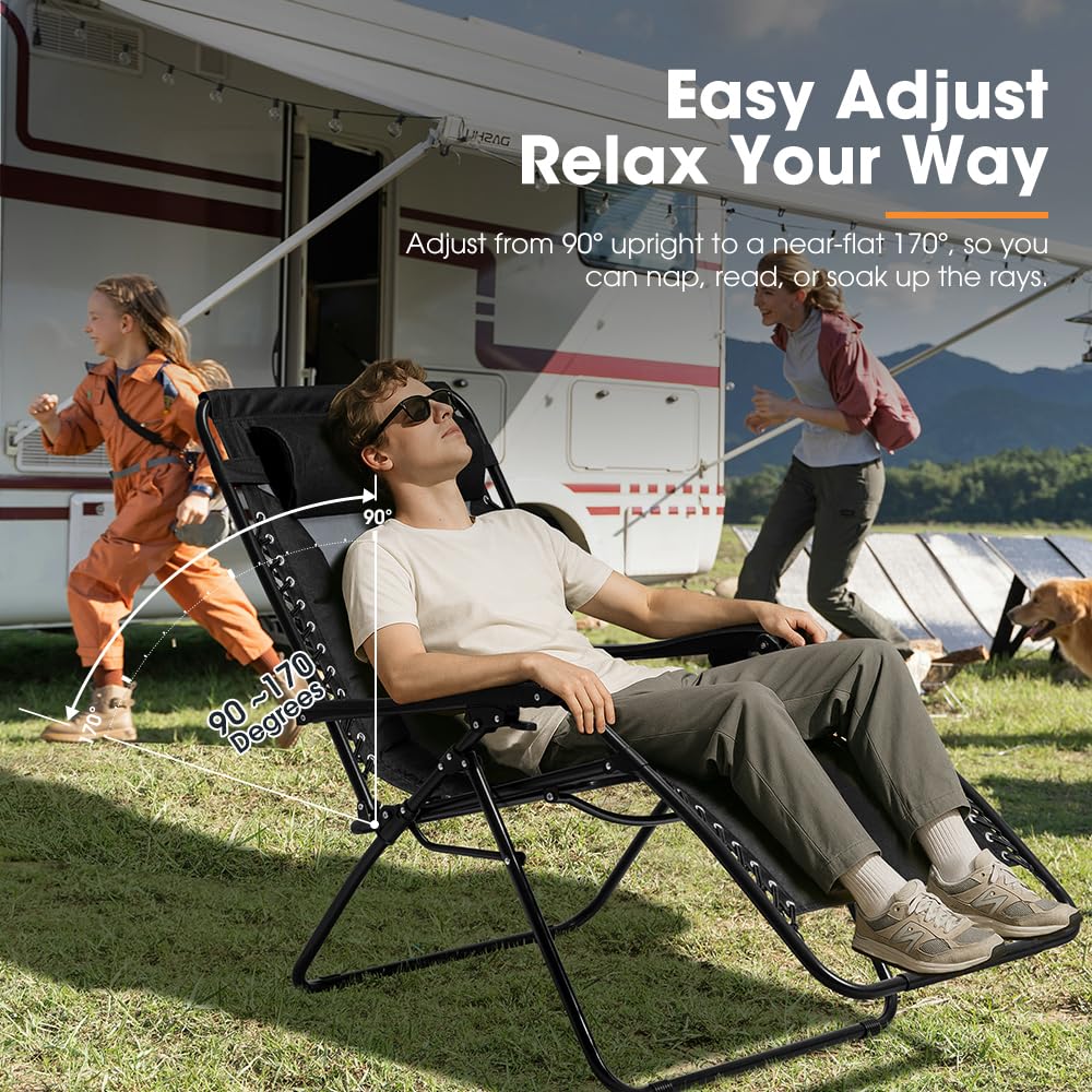 Zero Gravity Camping Chair - Black - Reclines 90 to 170 Degrees, 64cm Wide Seat, Double Layer 600D Oxford, Side Holder
