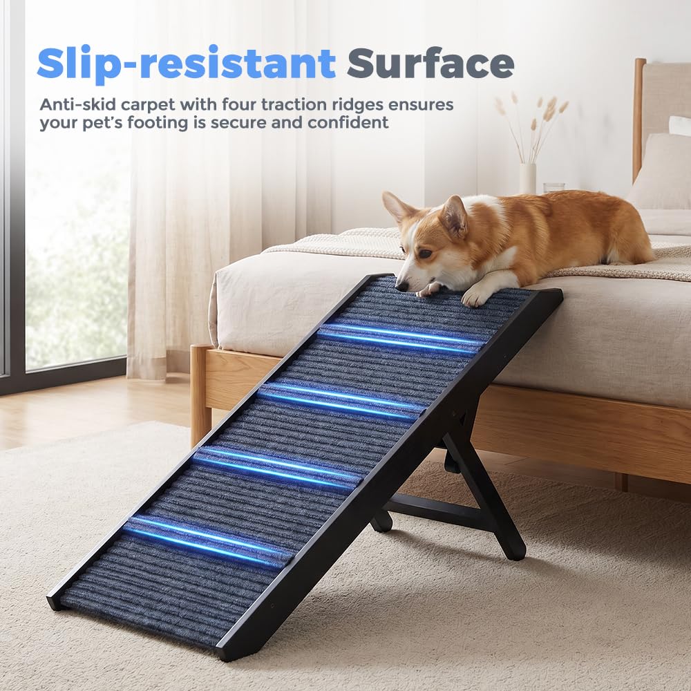 Adjustable Dog Ramp for Bed - Black, 90cm Long - Three Heights 33, 39 and 45cm, Holds 60kg, Non Slip Carpet