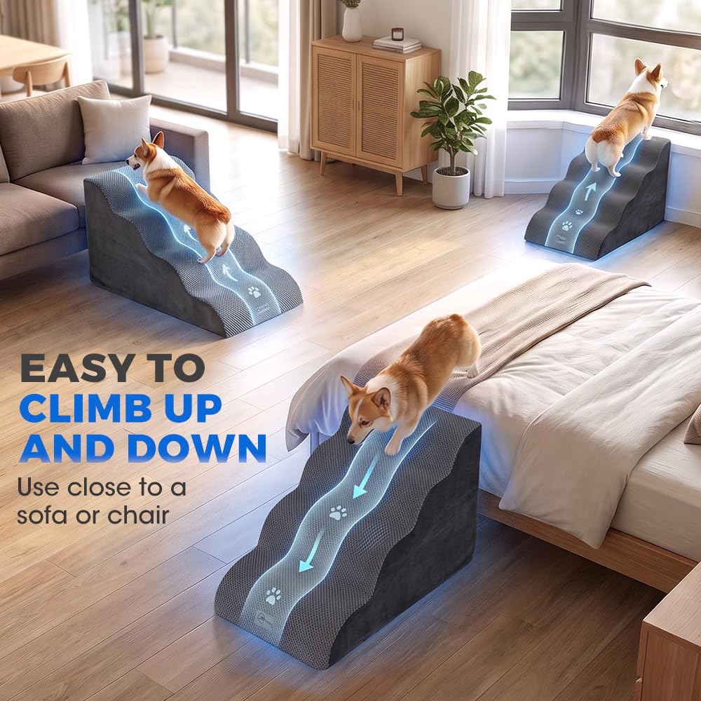 4 Step Dog Ramp 50cm High - Grey - High Density Foam Steps, Non Slip Corduroy Cover, Machine Washable