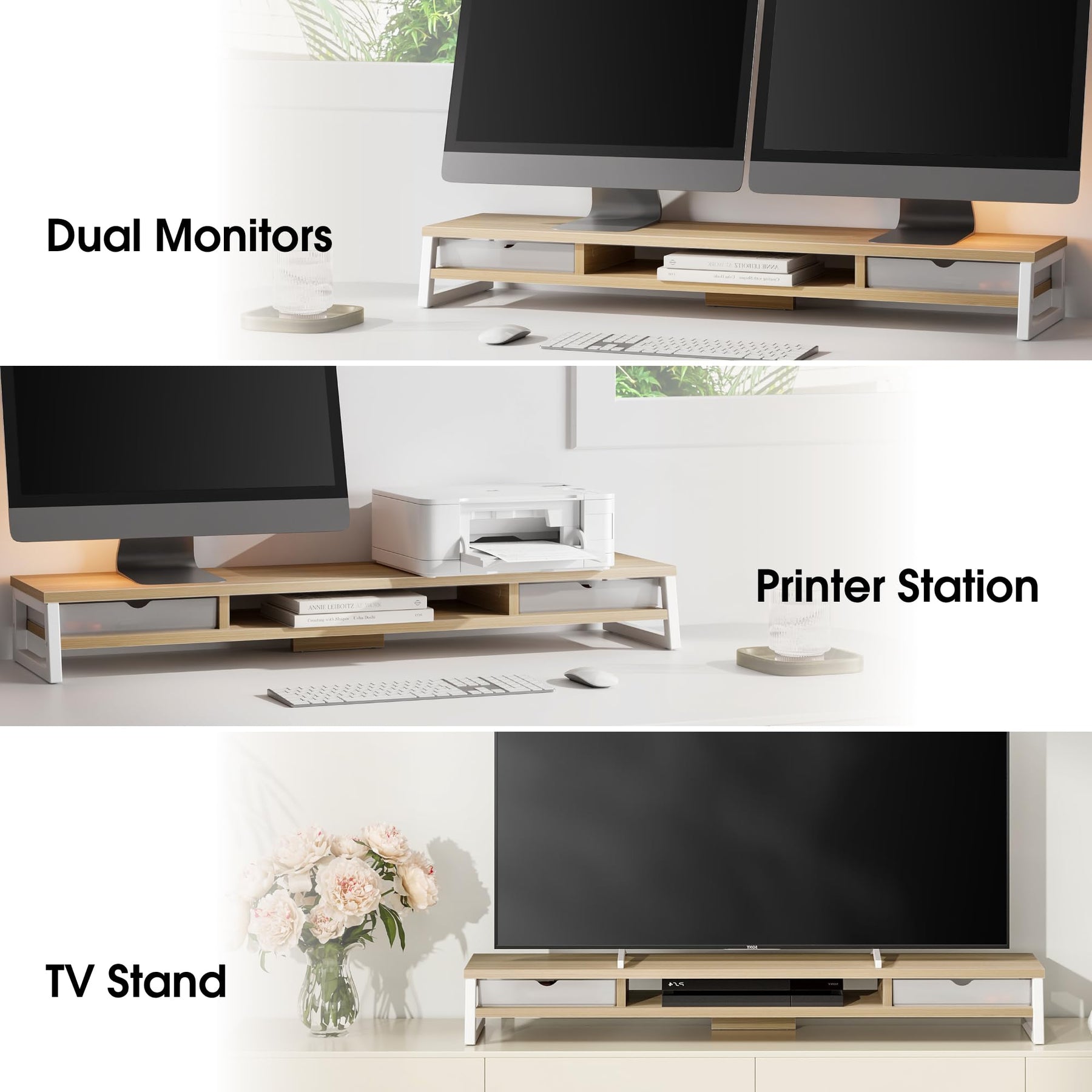 Dual Monitor Stand with Drawers 42.5 Inch - Oak - 2 Tier Wooden Desk Riser, 3 Compartments, 2 Frosted Acrylic Drawers