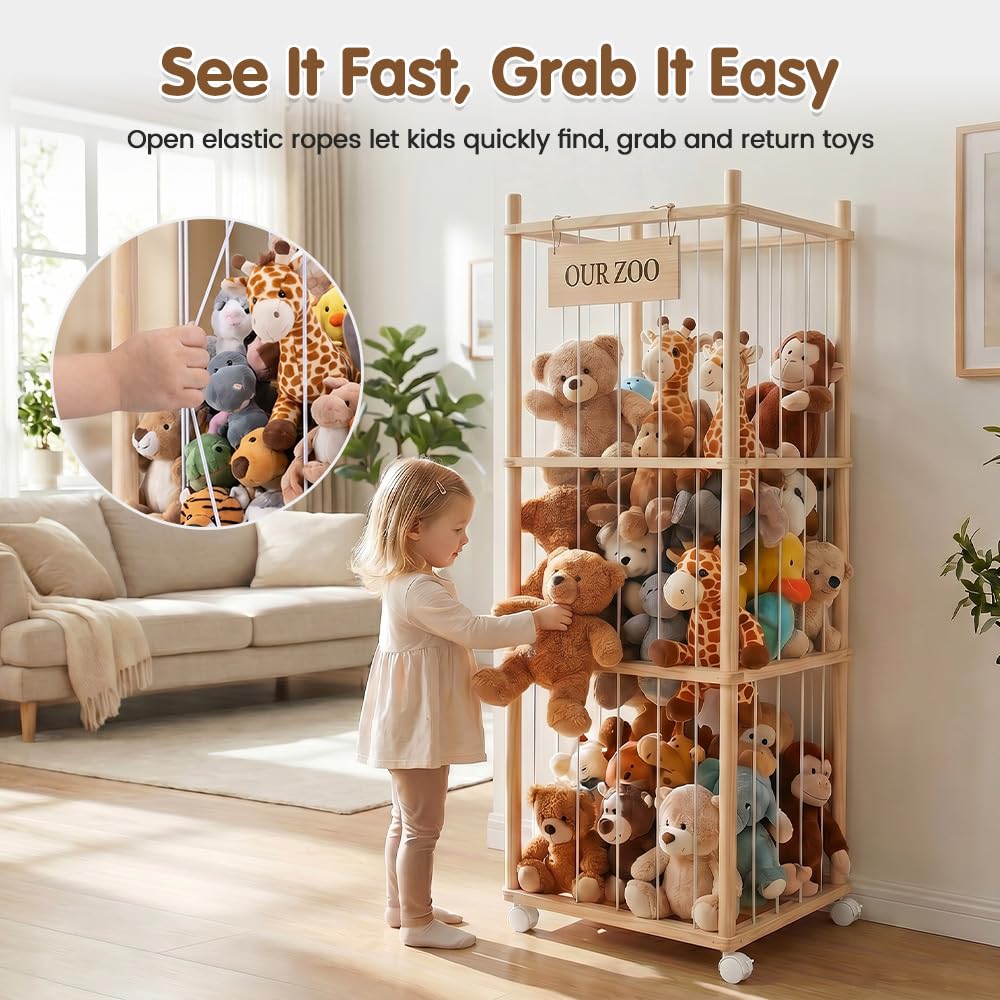 Soft Toy Storage Tower 3-Tier with Wheels - Natural Wood 136cm - Holds 50+ Plush Toys, Rolls Away