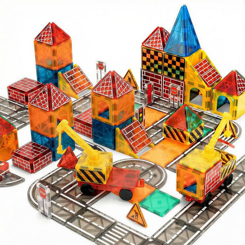 Magnetic Tiles Road Set 40 Piece - Extendable Crane - STEM Building Blocks, Storage Bag, Age 3+