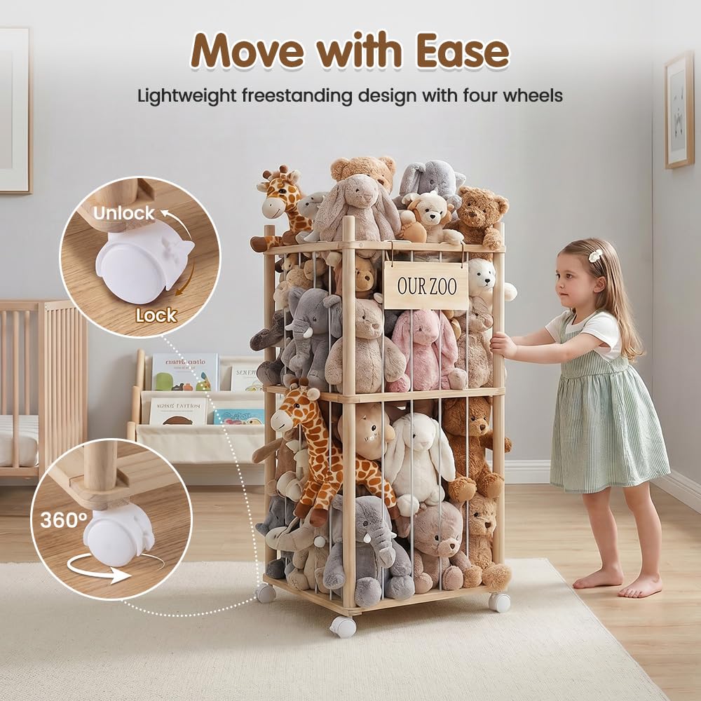 Soft Toy Storage Tower 2-Tier with Wheels - Natural Wood 94.5cm - Holds 30+ Plush Toys, Rolls Away