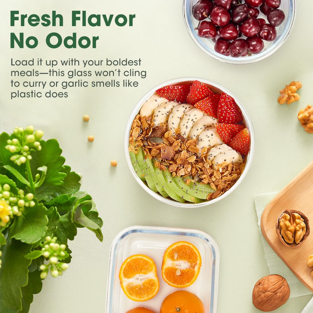 Glass Food Storage Containers 5 Pack - 1040ml - Borosilicate Glass, 2 Compartments, Snap Lids with Silicone Seals