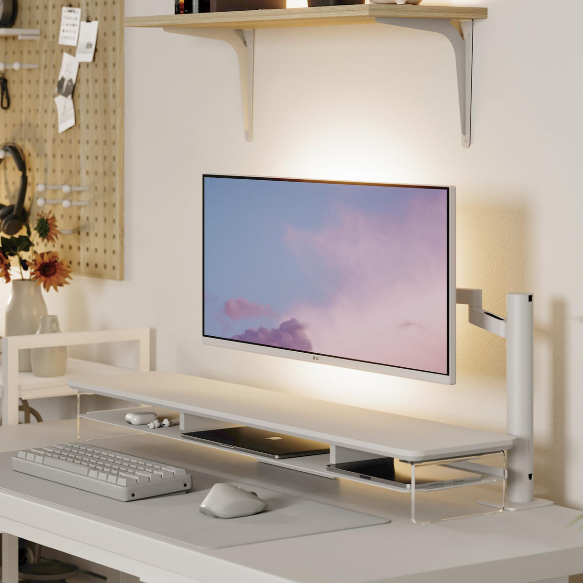 Acrylic Dual Monitor Riser 42.5 Inch - White - 2 Tier Desk Shelf, 18mm Board with Steel Core