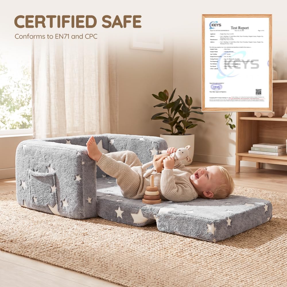 Kids Fold-Out Sofa Bed 2-in-1 - Grey Star Print - Glow-in-the-Dark, Zip-Off Washable Cover