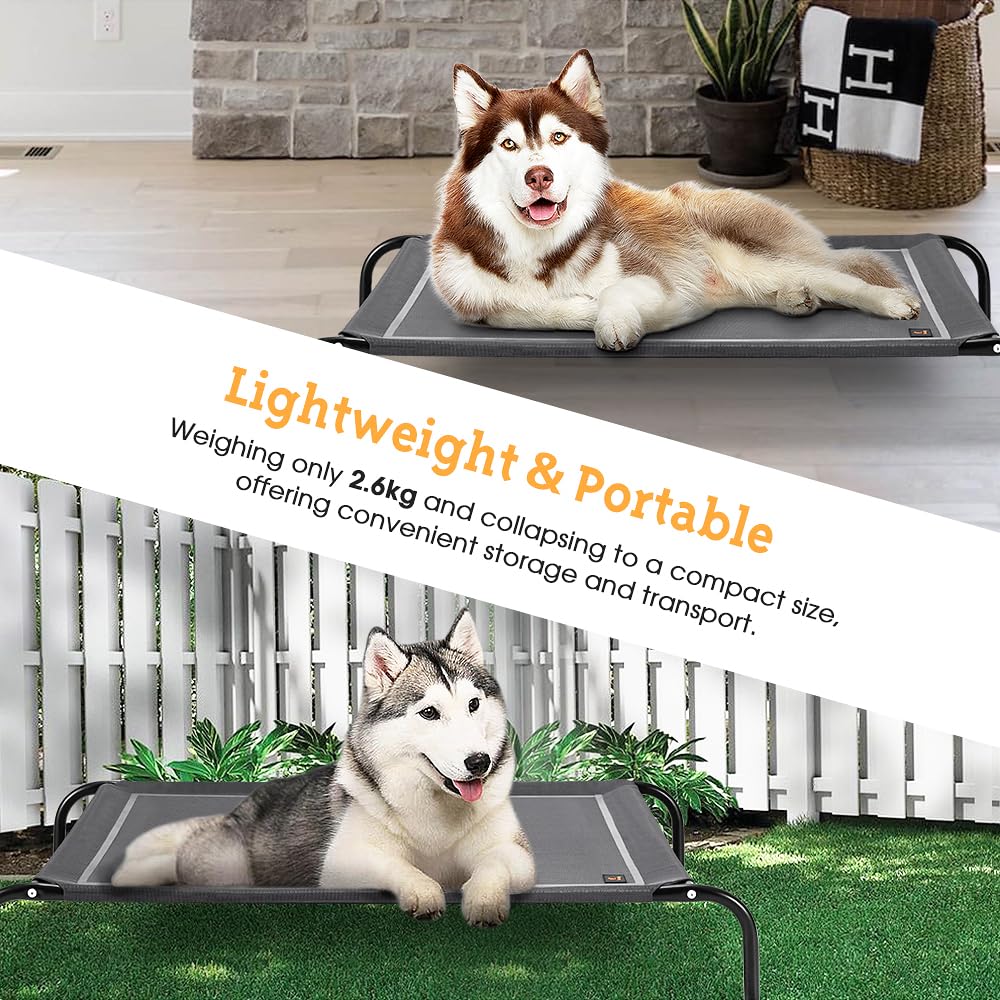 Cooling Elevated Dog Bed - Grey, Large 107 x 80 x 20cm - Breathable Textilene Mesh, Washable, Holds 60kg