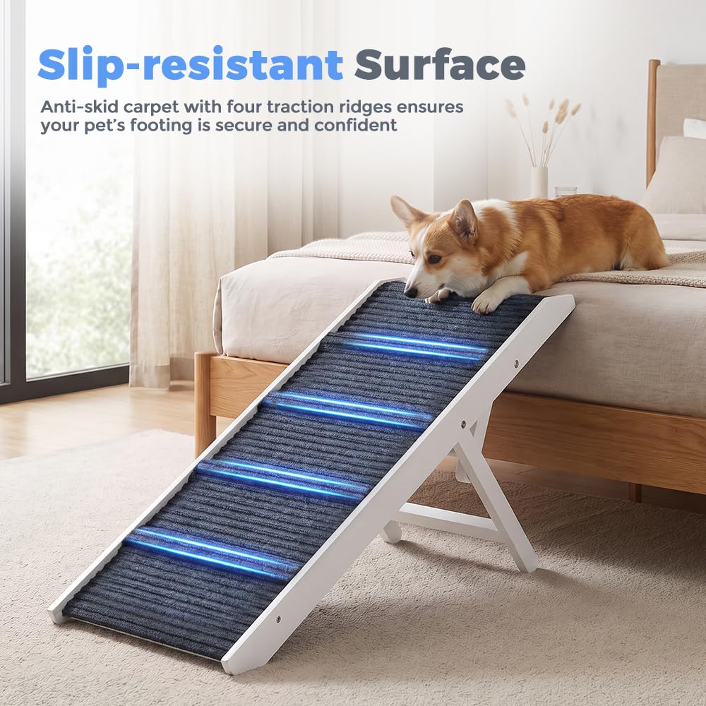 Adjustable Dog Ramp for Bed - White, 90cm Long - Three Heights 33, 39 and 45cm, Holds 60kg, Non Slip Carpet