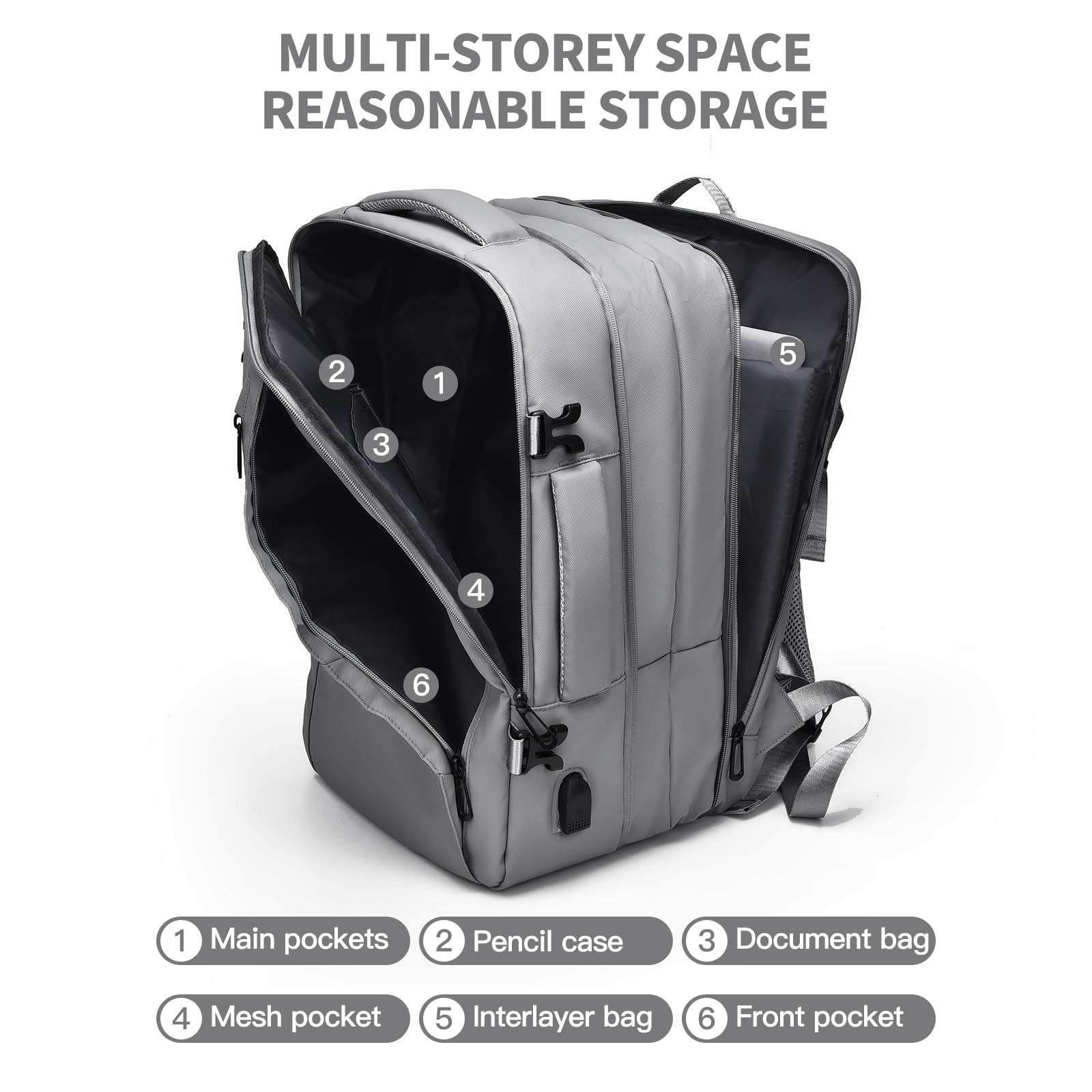 Travel Laptop Backpack 16" with USB Charging Port - Grey