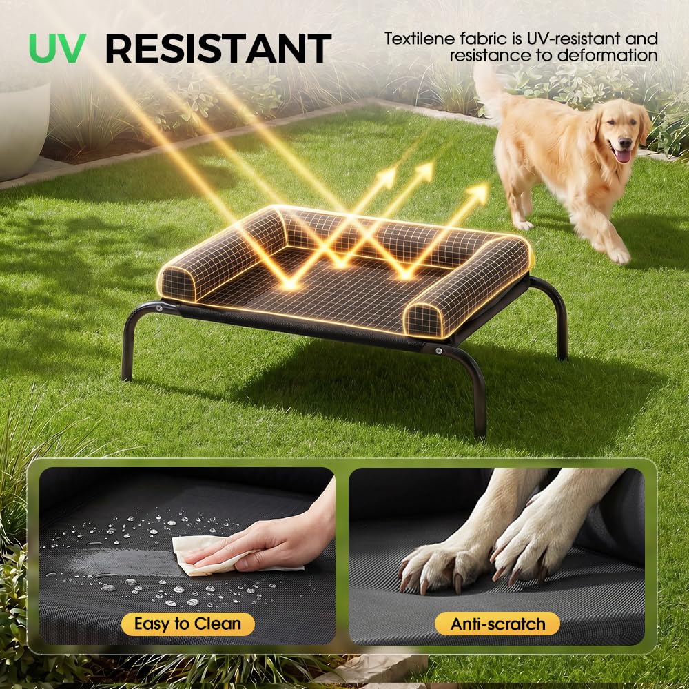 Cooling Elevated Dog Bed with Bolster - Black, Large 107 x 80 x 20cm - Textilene Mesh, Steel Frame, Holds 60kg