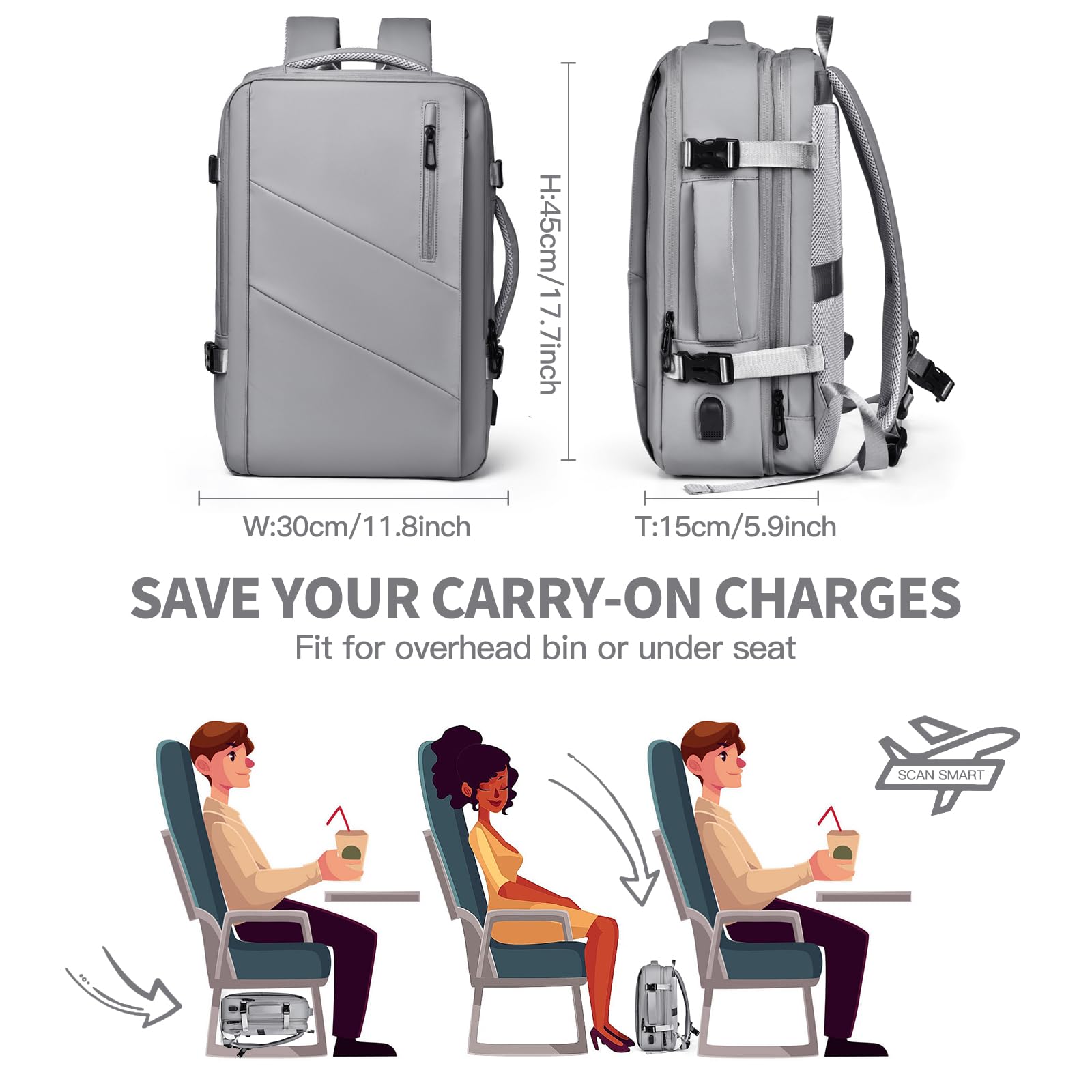 Travel Laptop Backpack 16" with USB Charging Port - Grey