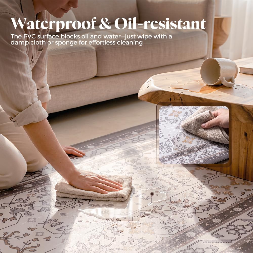 Kitchen Rug and Mat Set 2 Piece - Brown - 45 x 151cm and 45 x 74cm, Textured Anti Slip PVC, Wipe Clean