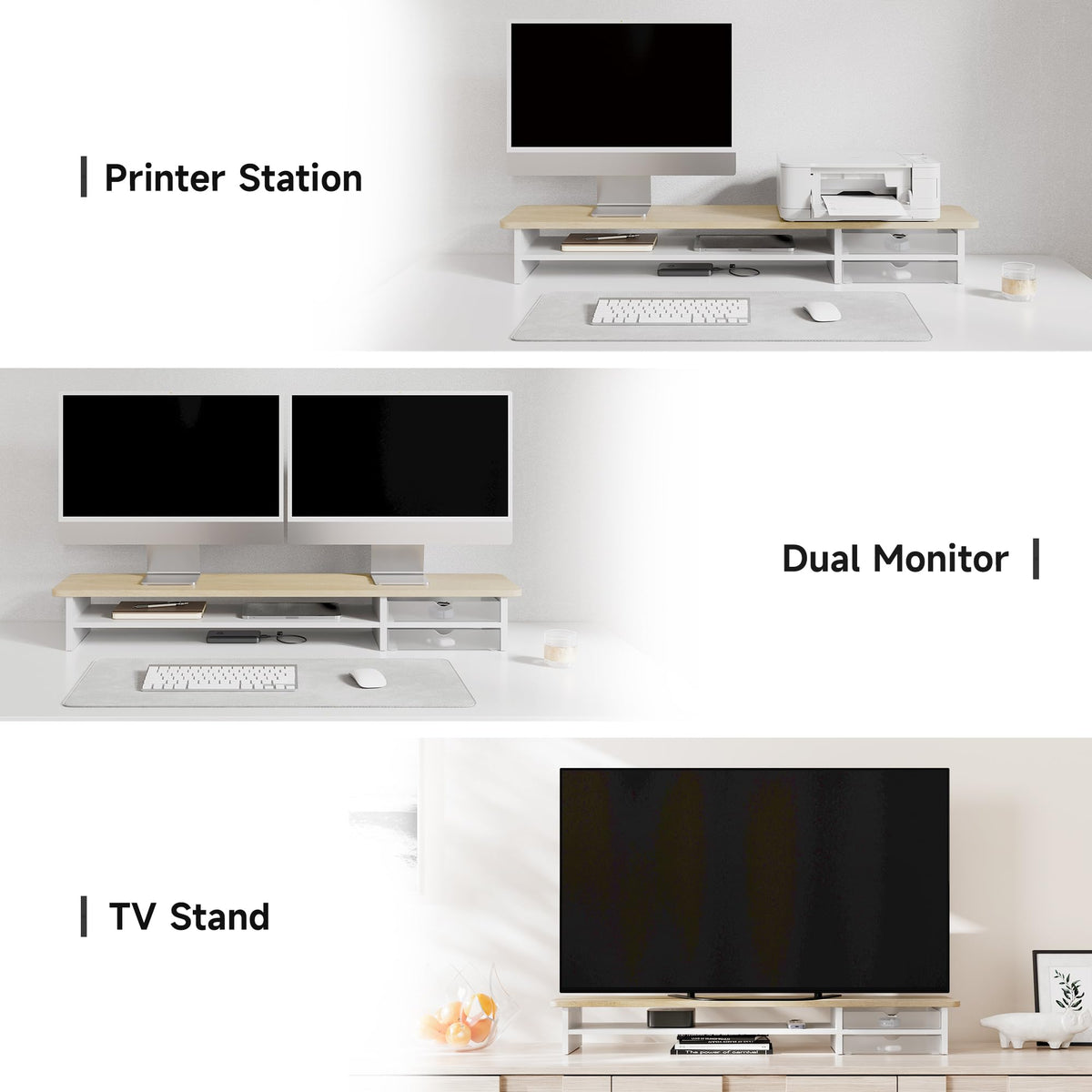 Dual Monitor Riser with Drawers 42.5 Inch - Oak - 2 Tier Desktop Organiser, 15mm Wood Panel, Holds 45kg